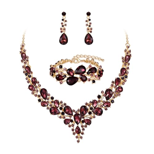 BriLove Wedding Bridal Jewelery for Women Austrian Crystal Teardrop Cluster Statement Necklace Dangle Earrings Link Bracelet Set