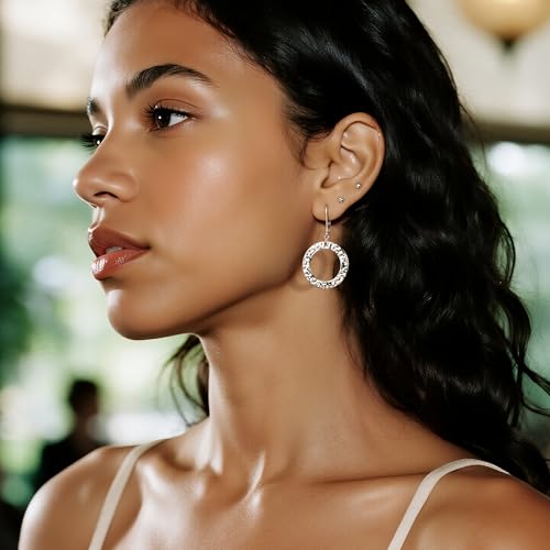 ALEXCRAFT 925 Sterling Silver 14K Gold Dangle Earrings for Women, Hypoallergenic Drop Handmade Hammered Circle Round Earring Leverback Dangling Minimalist Earings3