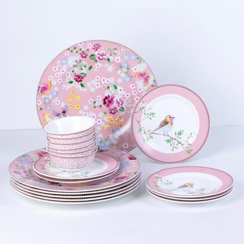 Image of GOLDEN QUEEN'S Handcrafted 12 Pieces Dinner Set | 4 Dinner Plates, 4 Small Bowls & 4 Snack Plates | Perfect for Hosting Guests and Daily Meals - Birdie in Pink Dinnerware