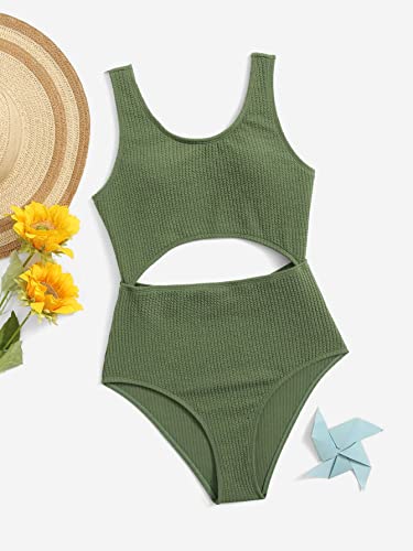 Wdirara Girl's Cute Print Cut Out One Piece Swimsuit Tie Front Monokini Green Solid 12-13Y #TOP2