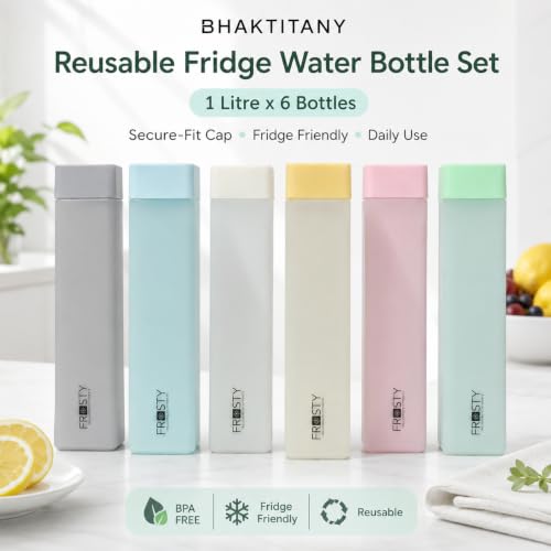 Image of Frosty Square Fridge Bottle Set of 6, 1 Litre Plastic Water Bottle Set for Fridge, Reusable Fridge Water Bottle Set for Home & Kitchen
