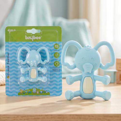 Image of Baybee Silicone Baby Teether for Teething Gums, Manhattan Teething Rattle Toy with Loops Ring, 100% Food Grade Silicone & BPA Free Teethers Toy for Babies, Chew Teether for 6 to 12 Months (Blue)
