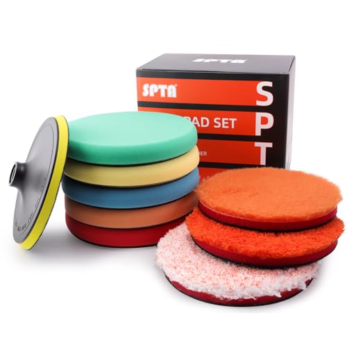 SPTA 9Pcs Polishing Pads Kit, 7 Inches Large Size Buffing Pads, Car Foam Buffing Sponge Pads Kit with 5/8'-11 Backing Plate for Car Care Polisher Boat Waxing, Polishing, Sealing Glaze