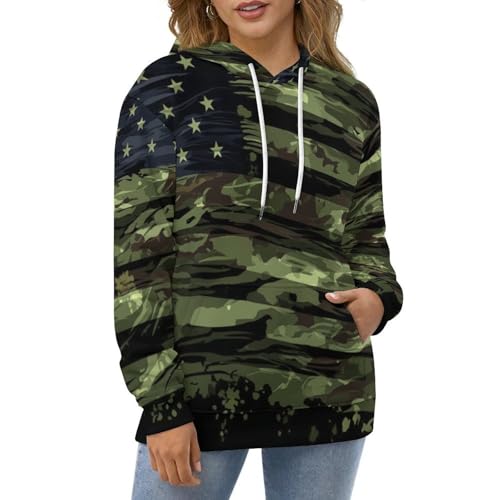 Sweat à capuche manches longues imprimé camouflage militaire et rayures rétro vert - 2