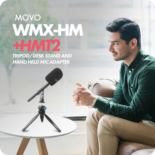 Movo WMX-HM Wireless Interview Microphone Adapter w/Mic Stand - Compatible with DJI Mic, Rode Wireless GO, Hollyland Lark, and More - Great for Podcasting, Interviews, Reporters, and Content Creation