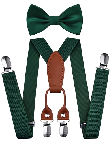 Branduce Dark Green Baby Boy Bow tie and Suspender Set with 4 Strong Clips Adjustable Kids Y Back Suspenders (SS02-01)