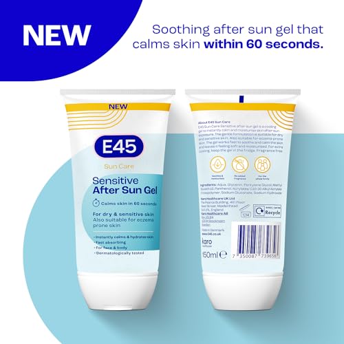E45 Cooling Sensitive After Sun Gel for Face and Body - Dermatologically Tested & Fragrance-Free - Soothing Non-sticky Formula - Suitable For Dry, Sensitive and Eczema Prone Skin (150ml)