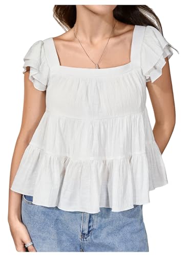 SweatyRocks Women's Ruffle Cap Sleeve Square Neck Flared Hem Blouse Shirt Tops White Small