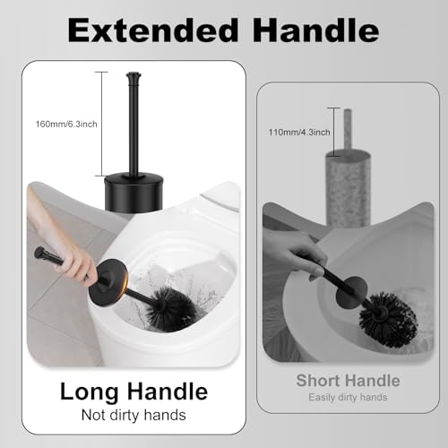 Image of Black Toilet Brush and Holder,Extra Long Handled Toilet Brush for Bathroom,Stainless Steel Heavy Duty Toilet Bowl Brush,Removable Inner Bowl,Deep Cleaning Dense Bristles Cleaner Brush -Space Saving