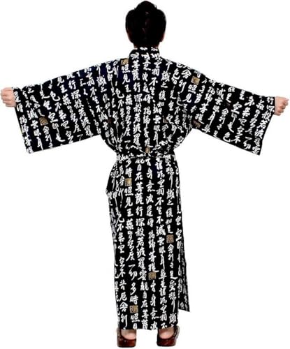 JapanBargain, Japanese Men's Cotton Yukata Easy Kimono Bath Robe, Heart Sutra in Chinese Calligraphy Design, Made in Japan3