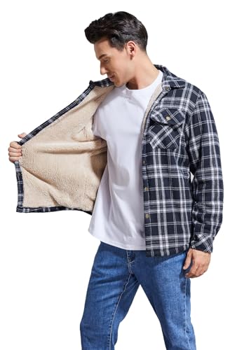 Image of Men's Sherpa Cotton Flannel Shirt Jacket Plaid Button Coat Pocket
