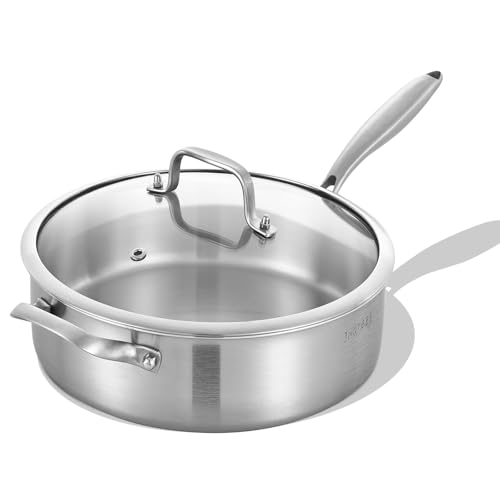 Inqibee Tri-Ply 7 Quarts Stainless Steel Sauté Pan with Lid, 12 Inch Induction Deep Frying Pan, Large Skillet,Jumbo Cooker, Dishwasher and Oven Safe,Detachable Handle.