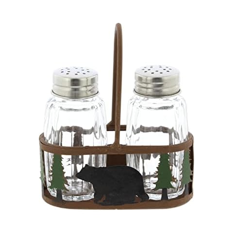 Distinctive Designs Black Bear and Pines Salt and Pepper Shaker Holder Set - 3 Piece Set - Bear Salt and Pepper Shakers - Rustic Lodge Kitchen Tabletop Cabin Decor Cover