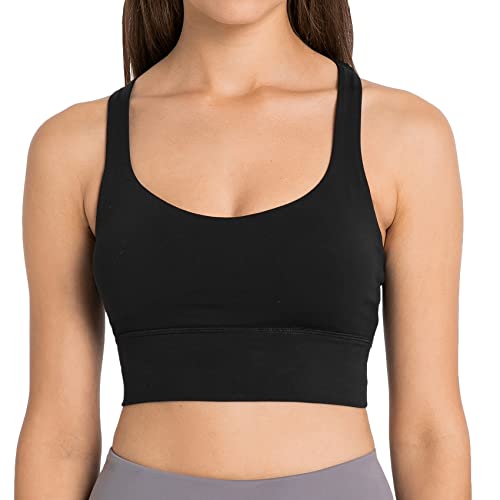 Lemedy Women Strappy Cross Back Yoga Workout Sports Bra Longline Crop Tank Top (Black, L)