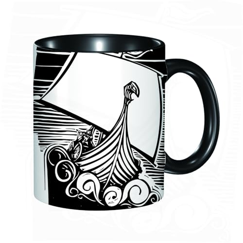 HRRASFAZF Tazza Caffe Latte Te in Ceramica,330 Ml,Tazza Divertente e Originale per Gli,tazza regalo,Nave lunga nordica e vichinga che naviga su onde vorticose Arte tematica
