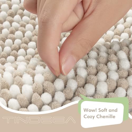 Tindbea Bathroom Rugs Set 2 Piece, Extra Soft and Absorbent Fluffy Striped Chenille Bath Mat Rug Set, Non Slip Bathroom Floor Mat, Machine Washable (20" x 32" Plus 16" x 24", Khaki)