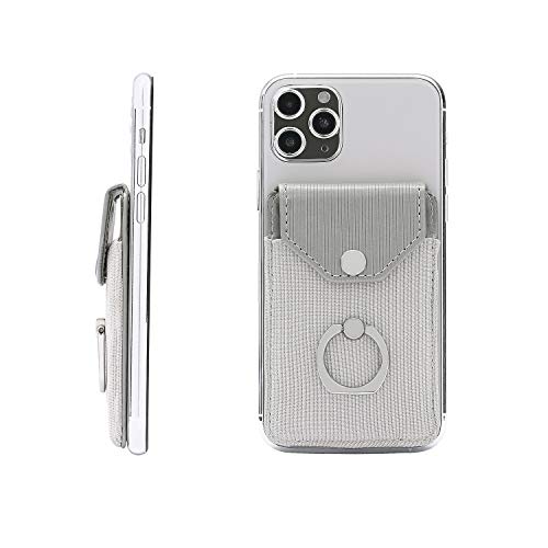 YUNCE Cell Phone Card Holder RFID Ring Stand Stick on Wallet Card Holder for Back of Phone for iPhone Android and All Smartphones Adhesive Credit Card Holder for Cell Phone-Polyester Grey