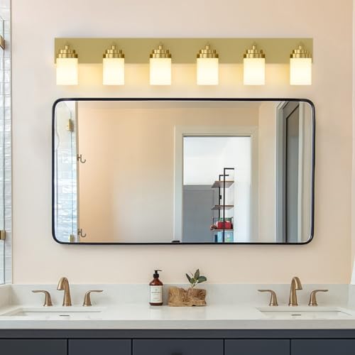 Image of IZORRO Bathroom Vanity Light Fixture, 6-Light 46 Inch Gold Bathroom Light Fixtures Over Mirror, with White Glass Shade, Modern Farmhouse Vanity Lights, Rustic Restroom Lighting Fixtures