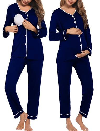 Image of Ekouaer Maternity Pajama Set Button Down Nursing Pajamas Long Sleeve Breastfeeding Loungewear with Adjustable Pants