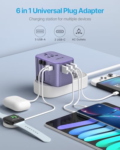 Image of Universal Travel Adapter, VINTAR 35.5W International Power Adapter with 3 USB A QC and 2 USB C PD, All in One Plug Adapter Worldwide Travel Essentials for EU /UK /USA /AUS(Type C /G /A /I), Purple