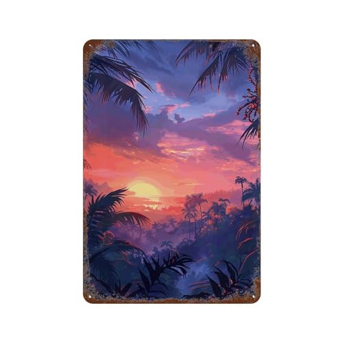 Tableau en étain vintage arbre au coucher du soleil pour décoration murale salon