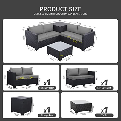 Outdoor-PE-Wicker-Patio-Furniture-Set-4-Piece-Black-Rattan-Sectional-Loveseat-Couch-Set-Conversation-Sofa-with-Storage-Box-Glass-Top-Table-and-Non-Slip-Grey-Cushion Outdoor PE Wicker Patio Furniture Set 4 Piece Black Rattan Sectional Loveseat Couch Set Conversation Sofa with Storage Box Glass Top Table and Non Slip Grey Cushion