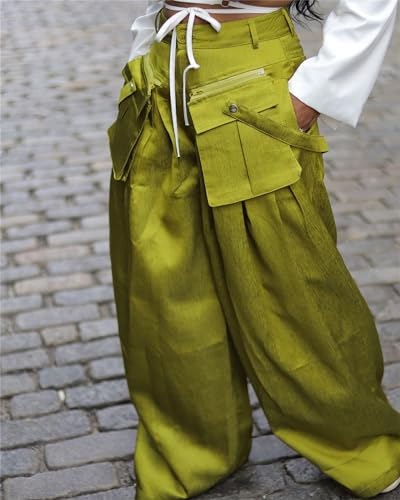 Women's Cargo Pants High Waisted Satin Flowy Pants Wide Leg Casual Pants3