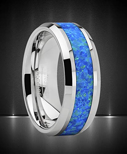 Metal Masters Co. Tungsten Carbide Wedding Band Ring with Blue Green Simulated Opal Inlay 8mm2
