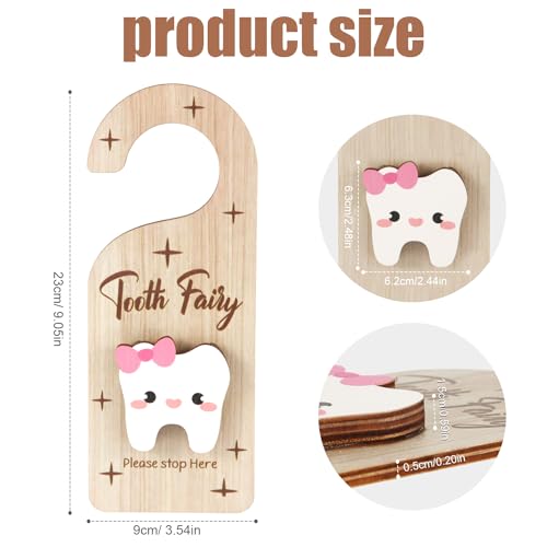 Image of Tooth Door Hanger, Wooden 3D Lost Tooth Keepsake Box with Money Holder Tooth Holder Hanging for Kids Tooth Fairy Accessories Encourage Gift for Room Decor (Girls Style)