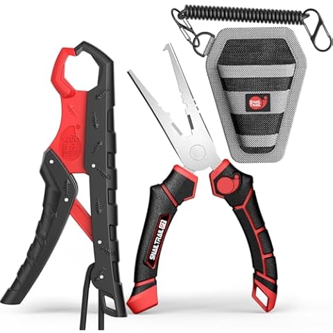 SNAIL TRAIL 7.5" Floating Fish Gripper & 7" Fishing Pliers Kit, Fishing Grabber, Catfish Mouth Pliers, Caught Bass Holder, Saltwater Lip Grip Tool with Lanyard, Hook Remover with Sheath Cover