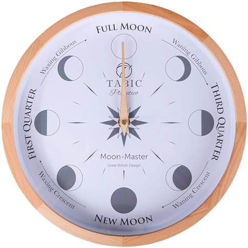 Tabic Planeteco Moon Master - Precision Lunar Phase Wall Clock - Accurate Moon Tracking & Easy-to-Read Dial for Lunar Cycle - Stylish Round Moon Phase Clock - Celestial Home Decor - Natural Stain