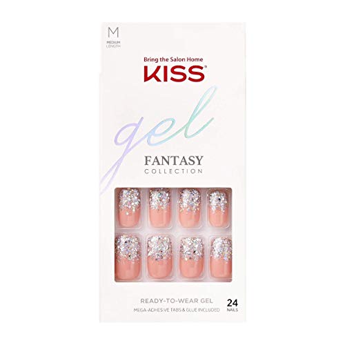 KISS Gel Fantasy Ready-to-Wear Press-On/Glue-On Gel Nails, Style âWarning Signâ, Medium Length Gel Nail Kit with 24 Mega Adhesive Tabs, Pink Gel Glue, Manicure Stick, Mini File, and 24 Fake Nails