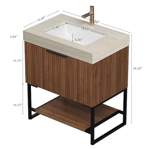 Image of 30 inch Freestanding Bathroom Vanity with Sink, Bathroom Vanity with Sintered Stone Top & Undermount Ceramic Basin, Pre-Assembled Striped Bathroom Storage Cabinet with Drawer & Open Shelf, Walnut