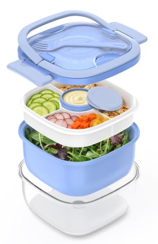 Image of Salad Container with Ice Pack & Handle, 6.8 Cup / 1600ml Large Portable Salad Bowl Lunch Box with Lid, Fork Holder & Sauce Cup, 4-Compartment Removable Tray Meal Prep Bento Box, Blue