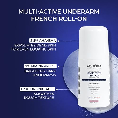 Image of Aqueria 5.5% AHA BHA French Underarm Brightening Roll On | 48H Odour Control | Flora Fragrance with 2% Niacinamide | Multi Actives, Glycolic Acid, Lactic Acid | Prevents Odor, Kills Bacteria | Exfoliates, Reduces Pigmentation & Discoloration for Even-Toned Underarms | Brightens Skin & Exfoliates Underarm | Alcohol & Aluminium Free | Deodorant for Men & Women | 50ml