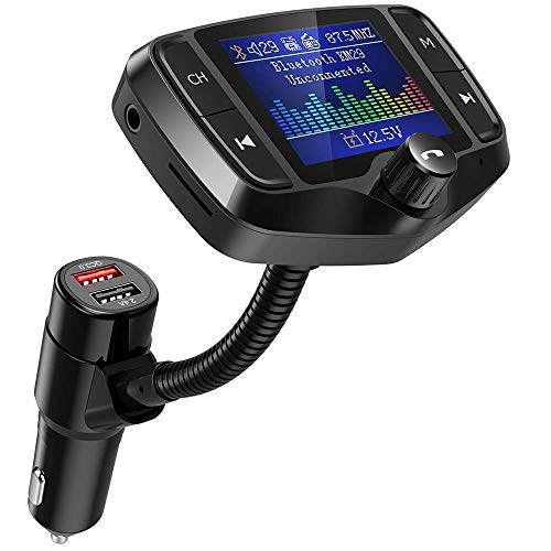 Transmetteur FM NULAXY 1.8" Écran Couleur Transmetteur (2019) W/QC 3.0 sans Prise en Charge des appels de Voiture/Lecture/Mains Libres/Prise en Charge USB/TF Carte, Aux, EQ Mode(KM29) (1Noir)