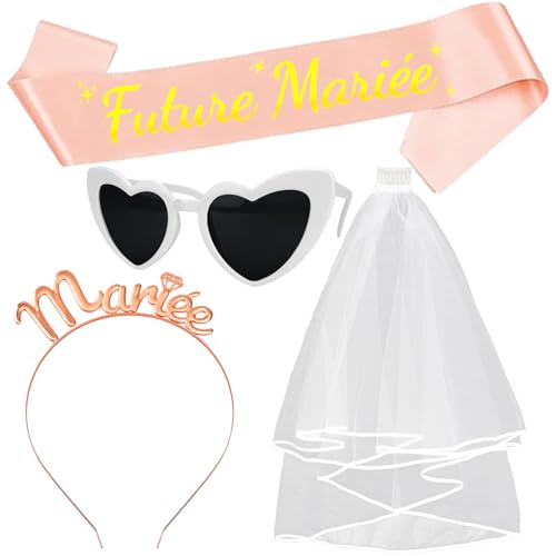Annhao 4 Pièces Accessoire EVJF Écharpe Future Mariée Voile Blanc Couronne Serre-tête Mariée Or Rose Lunette Coeur Kit Enterrement de Vie de Jeune Fille pour Fête EVJF Déguisement Mariages Fiançailles
