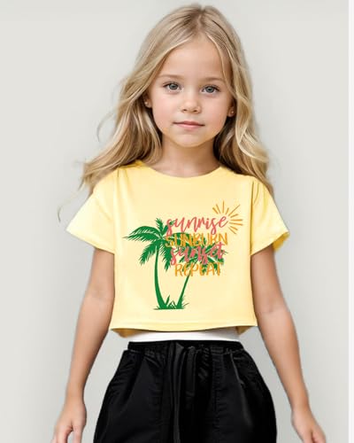 DDSOL Girls Crop Tops Summer Palm Tree Sunset Beach Shirt Hawaii Short Sleeve Tropical Tshirts for Teen Girl 6-14 Years4
