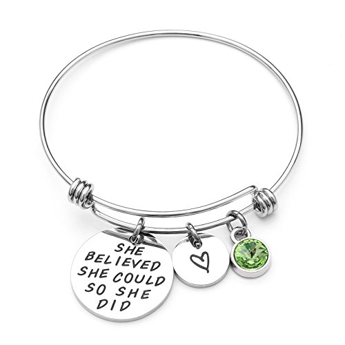 LIUANAN She belived she could so she did Inspirational Bracelet Expandable Bangle Birthstone Stainless Steel Cuff (Peridot-Aug) 
