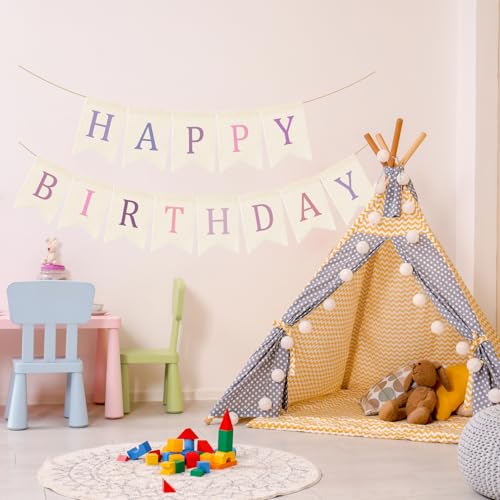 Image of Doumeny Happy Birthday Burlap Banner Boho Birthday Garland Bunting Purple Pink Bohemian Party Hanging Banner White Happy Birthday Sign Flag Colorful Birthdays Bunting Garland for Home Mantel Fireplace
