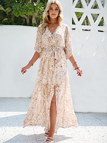 Image of ANRABESS Womens Boho Floral Wedding Guest Maxi Dress | Flowy A-Line Chiffon with Slit, Elegant V Neck Wrap Elastic Waist, Casual 1 /2 Sleeve Spring Summer Outfits, Tea Party
