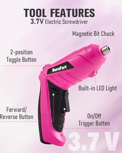 Durofort 3.7V Cordless Electric Screwdriver Set, Pink Rechargeable Small Screwdriver Drill Kit with 25Pcs Driver Bit, 3Nm Screw Gun with 2 Position Handle, 1300mAh Flexible Shaft LED Light for Women
