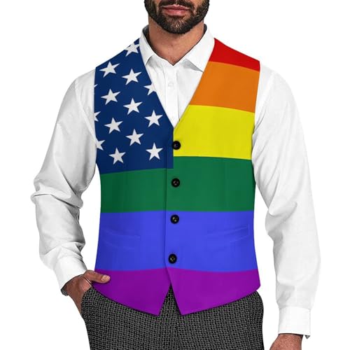 Rainbow LGBTQ Flag Trendy Vest Suit for Men V Neck Formal Dress Waistcoat Vests Business Slim Fit