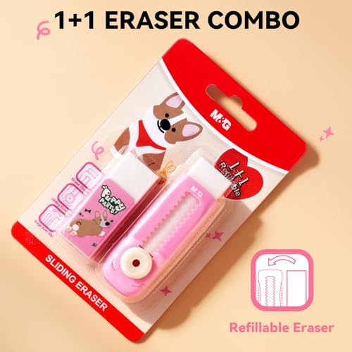 Image of M&G 1+1 Pack Pink Sliding Retractable Cute Eraser Set, Refillable Soft Large Rubber Eraser with Sleeve for Kids Students School Office Supplies