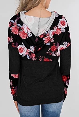 Crazy Grid Floral Print Hoodie Sweatshirt For Women Casual Color Block Pullover Hooded Fashion Loose Fit Drawstring Hoodie Shirt Night Rose S #TOP4