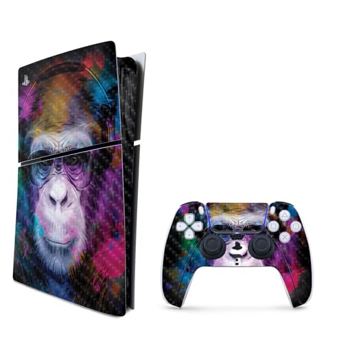 MightySkins Carbon Fiber Skin for PS5 Playstation 5 Slim Digital Edition Bundle - Neon Monkey Protective, Durable Textured Carbon Fiber Finish Easy to Apply Made in The USA