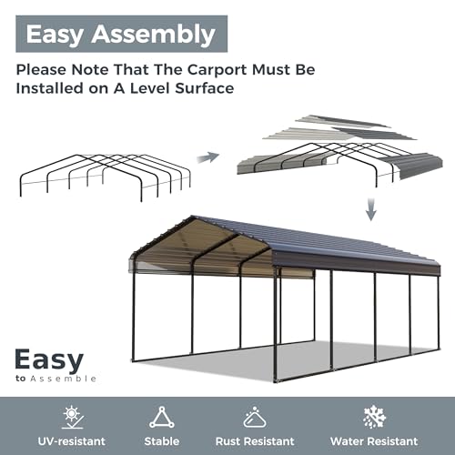 GREEN PARTY 12 x 20 ft Metal Carport Kits with Galvanized Steel Roof, Heavy Duty Metal Carport Canopy, Outdoor Car Tent Metal Garage Shelter for Car, SUV, Truck and Boats, Grey