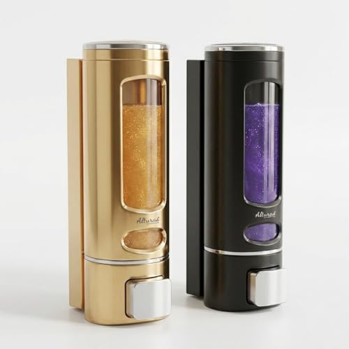 Image of ALTURAS Wall Mounted Liquid Soap Dispenser, ABS, 400 ML, for Shampoo, Sanitizer and Gel Handwash Dispenser (400 ML Gold and Black)