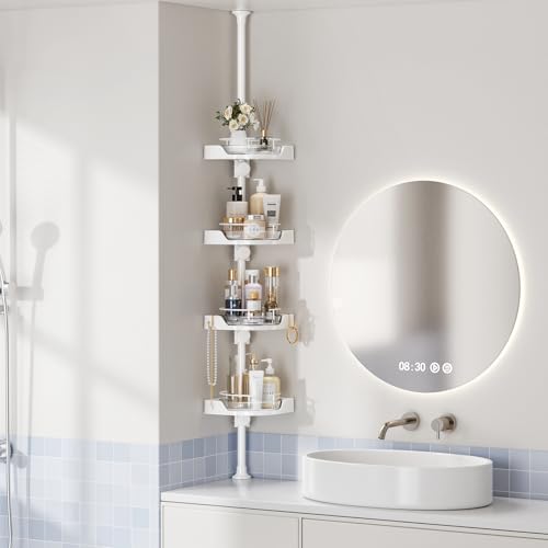 Image of akinbas 360 Rotating Shower Caddy Tension Pole with 4-Tier Rustproof Lazy Susan 35-128 Inch No Drilling Coner Shelves Adjustable Shower Rack for Bathroom Bathtub Washbasin Plant Storage (White)