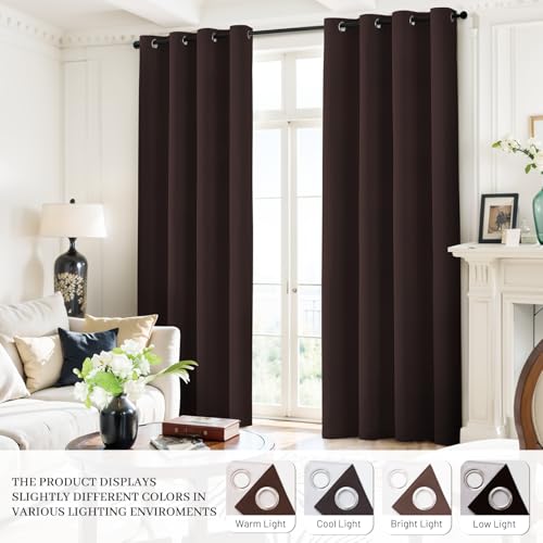 Yakamok Room Darkening 100% Blackout Curtains Grommet Window Treatments with 2 Thick Layers-Brown Thermal Insulated Drapes Set of 2 Panels for Bedroom Living Room 52 Inches by 63 Inches Length